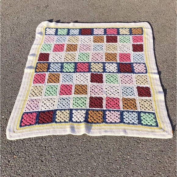 Handmade Other - Vintage Granny Square Crochet Knit Afghan Throw Blanket Multicolor Border 4x4 ft